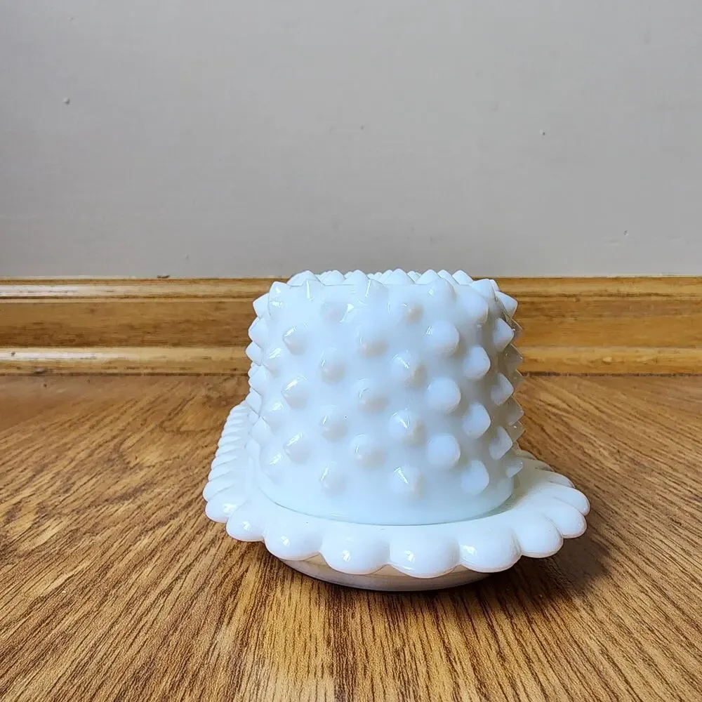 MCM Fenton Hobnail Milk Glass Covered Butter Dish White Mid Century Modern EUC